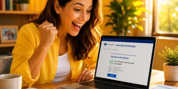 Mulher comemorando ao consultar primeiro lote de restituição do Imposto de Renda, disponível a partir desta sexta-feira, 22 de maio.