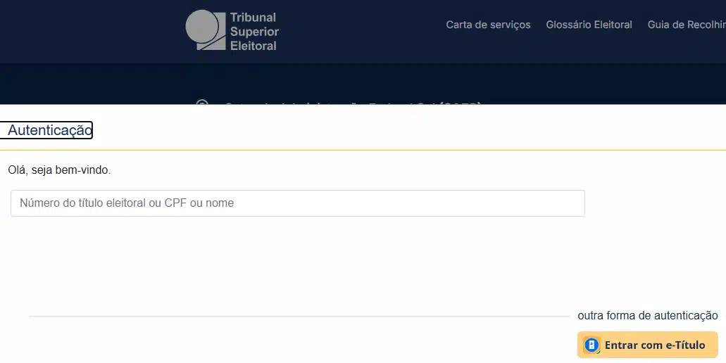 Tela de autenticação do TSE para consultar situação eleitoral pelo CPF, nome ou número do título de eleitor.