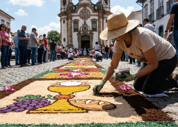 Fiel ajoelhada monta tapete de serragem colorida em frente a uma igreja durante a procissão de Corpus Christi.
