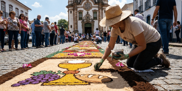 Fiel ajoelhada monta tapete de serragem colorida em frente a uma igreja durante a procissão de Corpus Christi.