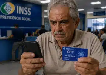 Aposentado do INSS consulta celular enquanto segura cartão CPF em agência da Previdência Social, representando o alerta sobre vazamento de dados de beneficiários em 2026.