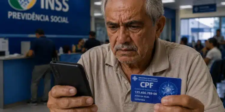 Aposentado do INSS consulta celular enquanto segura cartão CPF em agência da Previdência Social, representando o alerta sobre vazamento de dados de beneficiários em 2026.