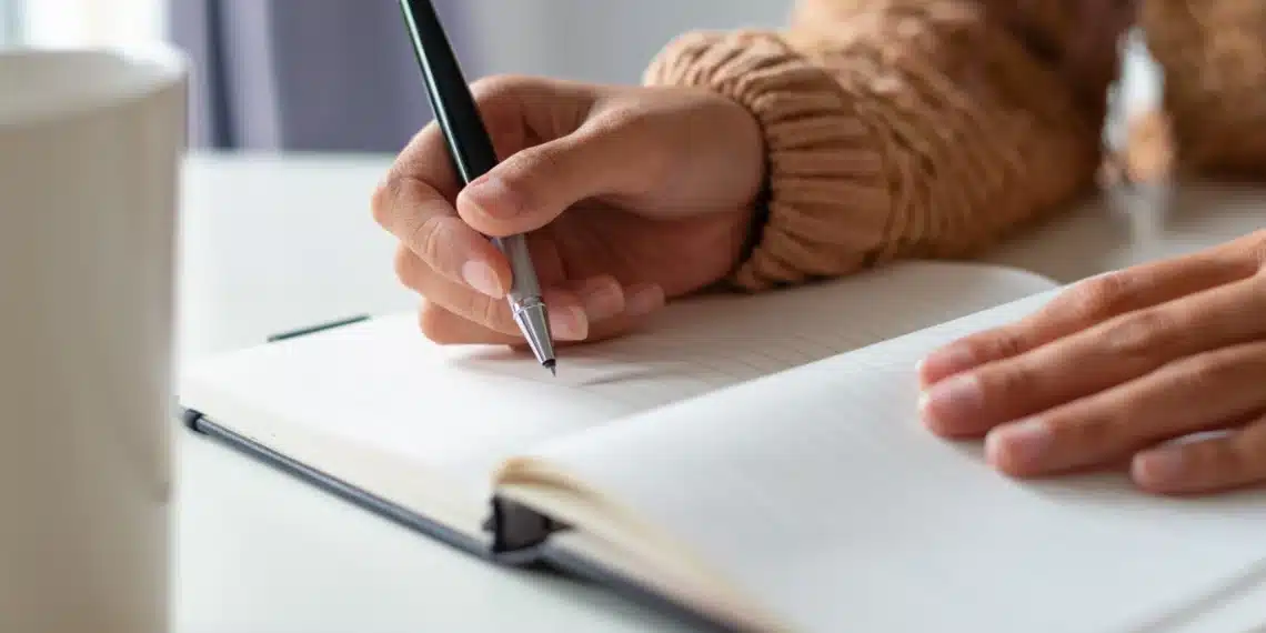 Mão escrevendo em caderno aberto, ilustrando exemplos de crase em expressões com palavras repetidas.