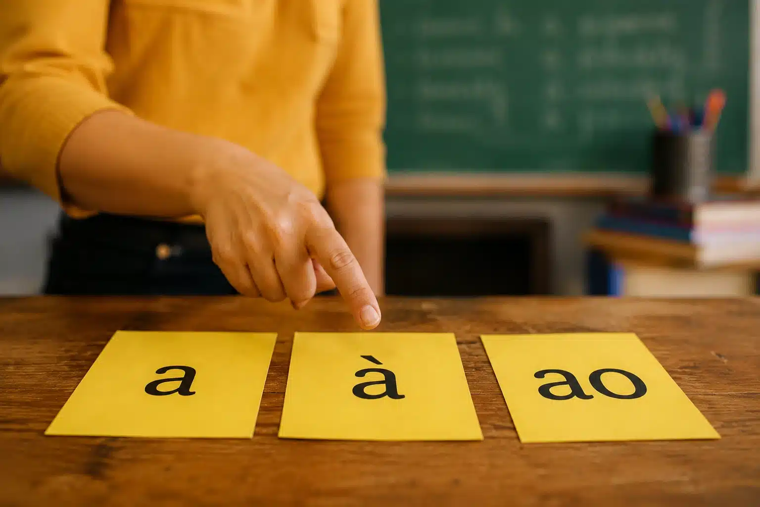 Professor aponta para cartão com “à”, exemplificando o uso da crase na expressão referente à.