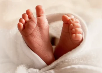 Pés delicados de recém-nascido envoltos em manta branca macia, simbolizando o início da vida e o significado do nome Noé