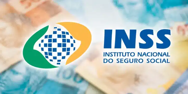 Logo do INSS sobreposto a cédulas de dinheiro desfocadas, ilustrando o calendário de pagamento dos benefícios em maio.