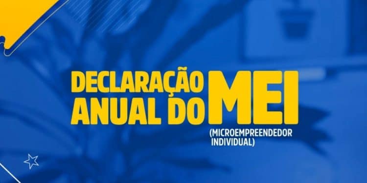 Arte gráfica em azul e amarelo com o texto Declaração Anual do MEI ao centro