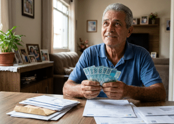 posentado segura notas de dinheiro em casa, em referência à segunda parcela do 13º salário do INSS, que virá com desconto para quem recebe acima de R$ 5 mil.