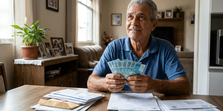 posentado segura notas de dinheiro em casa, em referência à segunda parcela do 13º salário do INSS, que virá com desconto para quem recebe acima de R$ 5 mil.