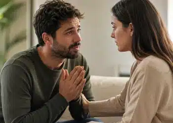 Homem pedindo desculpas a uma mulher durante conversa sincera sobre arrependimento e reconciliação