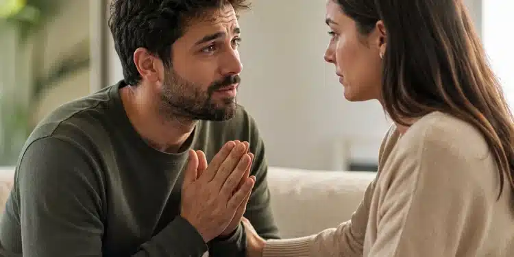 Homem pedindo desculpas a uma mulher durante conversa sincera sobre arrependimento e reconciliação