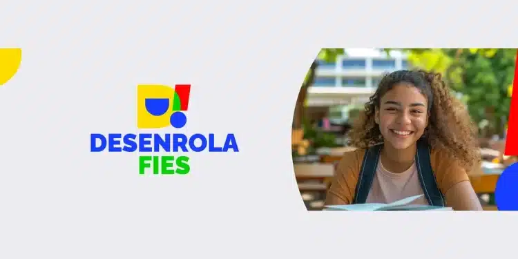 Logotipo do Desenrola Fies ao lado de uma estudante sorrindo com material escolar nas mãos