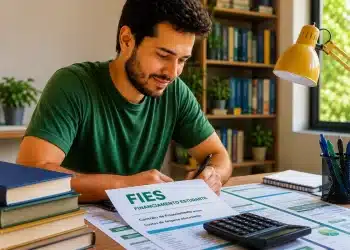 Estudante analisando contrato do Fies e planilhas, representando a renegociação de dívida pelo Desenrola Fies.