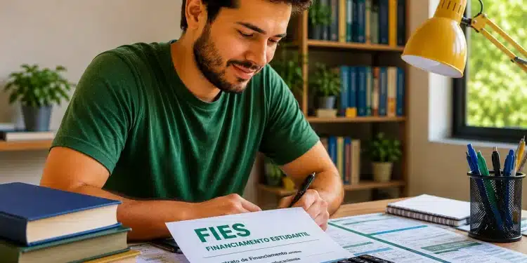 Estudante analisando contrato do Fies e planilhas, representando a renegociação de dívida pelo Desenrola Fies.