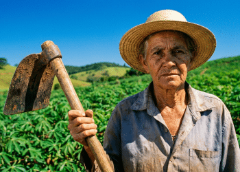 Trabalhadora rural de chapéu segura uma enxada e, ao redor, uma plantação verde sob o céu azul