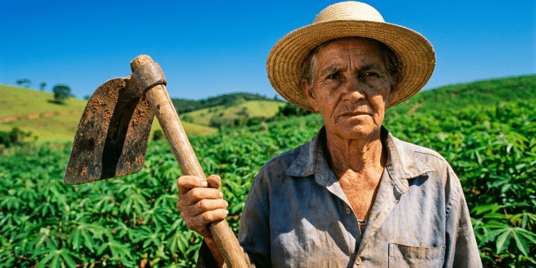 Trabalhadora rural de chapéu segura uma enxada e, ao redor, uma plantação verde sob o céu azul