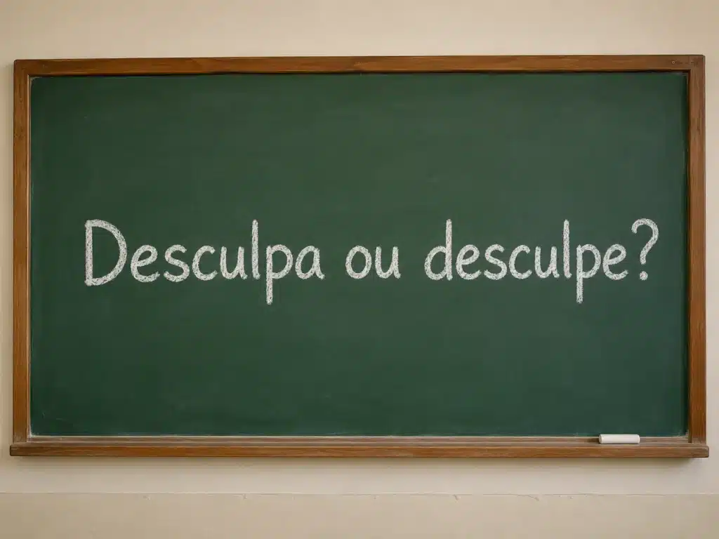 Quadro de giz escolar com a frase “Desculpa ou desculpe?” escrita em destaque