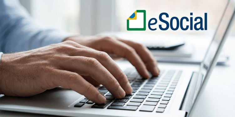 Profissional utilizando notebook e logotipo do eSocial do lado.