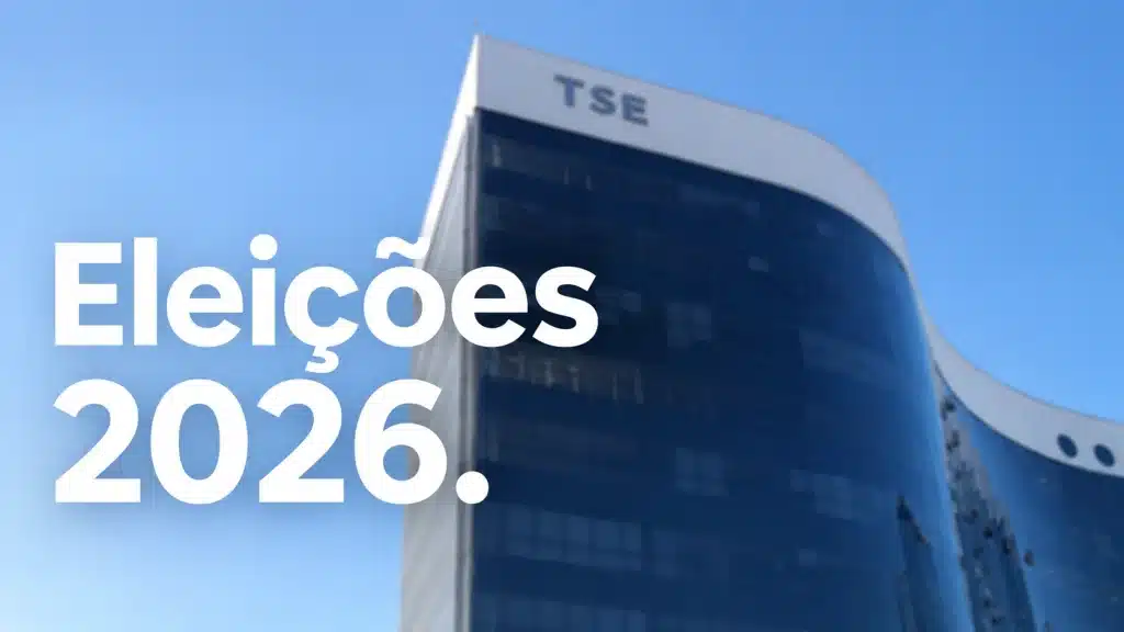 Prédio do Tribunal Superior Eleitoral com texto Eleições 2026 sobreposto, representando financiamento de campanha e restrições de mídia.