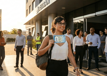Cidadã sorri ao deixar agência do Detran segurando a nova Carteira de Identidade Nacional pela manhã