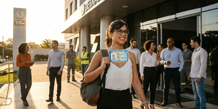 Cidadã sorri ao deixar agência do Detran segurando a nova Carteira de Identidade Nacional pela manhã