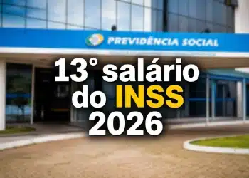 Fachada da Previdência Social com destaque para o 13º salário do INSS 2026, representando o pagamento da primeira parcela, que termina na sexta-feira, 8 de maio.
