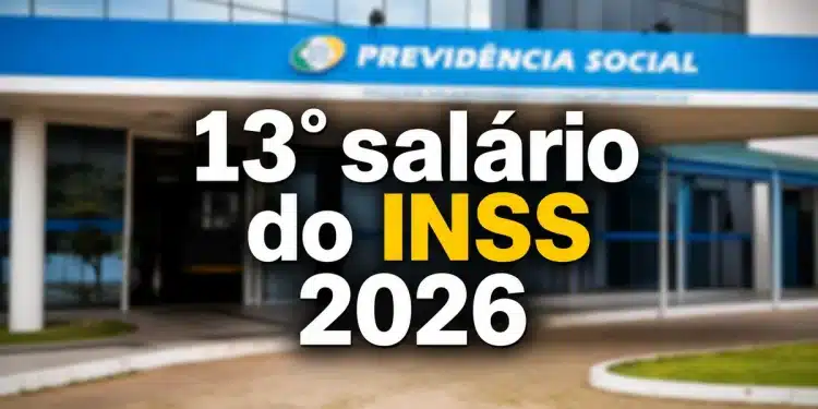 Fachada da Previdência Social com destaque para o 13º salário do INSS 2026, representando o pagamento da primeira parcela, que termina na sexta-feira, 8 de maio.