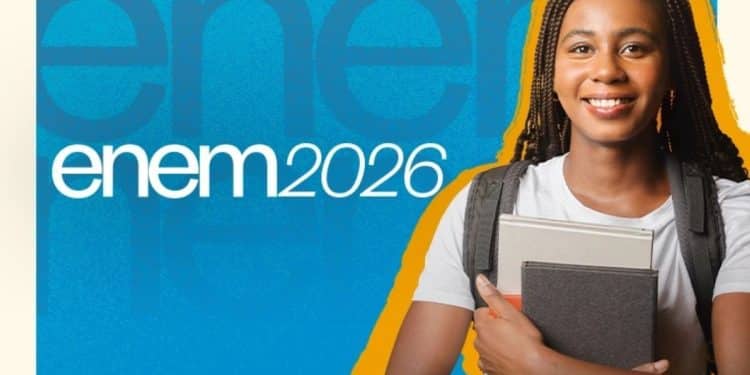Estudante sorri segurando livros ao lado da logomarca do Enem 2026 e, ao redor, um fundo azul e amarelo
