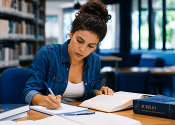 Jovem de cabelos cacheados presos faz anotações em caderno enquanto consulta livro aberto, com Dicionário Aurélio sobre mesa em biblioteca.