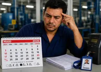 Trabalhador analisa calendário de maio de 2026 em ambiente industrial ao lado de documentos e cartão de ponto sobre direitos no feriado de 23 de maio.