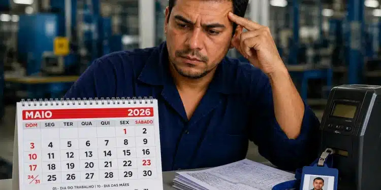 Trabalhador analisa calendário de maio de 2026 em ambiente industrial ao lado de documentos e cartão de ponto sobre direitos no feriado de 23 de maio.