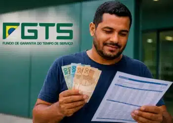Trabalhador segurando dinheiro e consultando documento, com o logo do FGTS ao lado, representando as regras do saque-aniversário e os sete lotes de pagamento previstos para 2026.