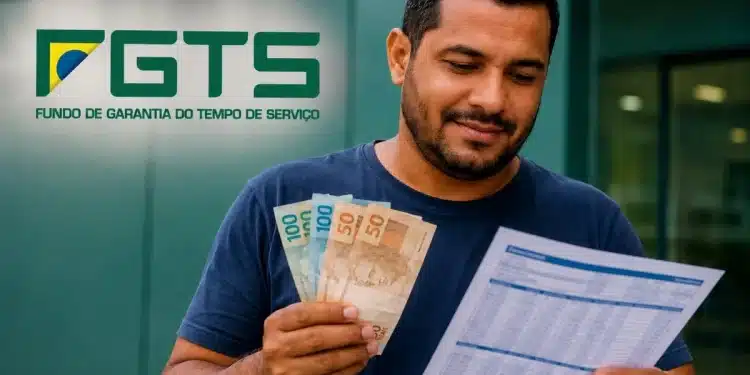 Trabalhador segurando dinheiro e consultando documento, com o logo do FGTS ao lado, representando as regras do saque-aniversário e os sete lotes de pagamento previstos para 2026.