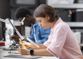 Formações para quem sai do ensino médio: jovem realiza atividade prática com instrumento de medição em laboratório, ao lado de colega trabalhando com microscópio