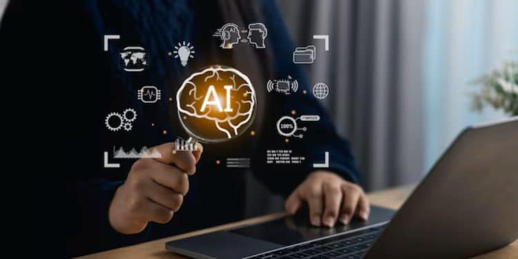 Pessoa trabalhando no notebook com elementos de inteligência artificial na tela