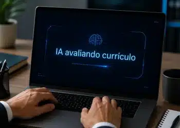 Interface futurista de IA avaliando currículo em notebook enquanto recrutador analisa candidatos em ambiente corporativo moderno.