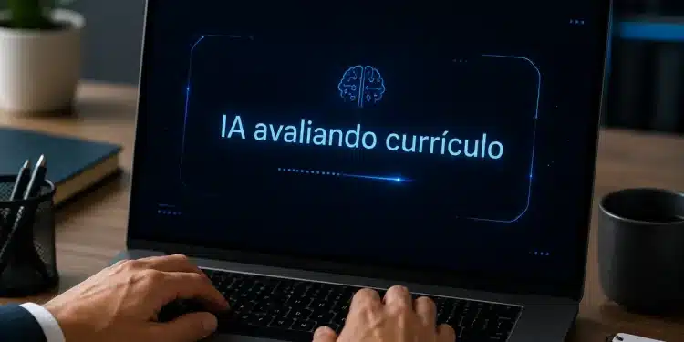 Interface futurista de IA avaliando currículo em notebook enquanto recrutador analisa candidatos em ambiente corporativo moderno.