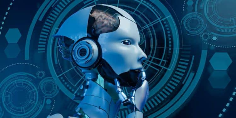Ilustração futurista de robô humanoide representando inteligência artificial