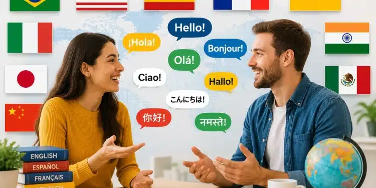 Duas pessoas conversando sobre idiomas, com bandeiras de vários países ao fundo