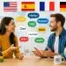 Duas pessoas conversando sobre idiomas, com bandeiras de vários países ao fundo