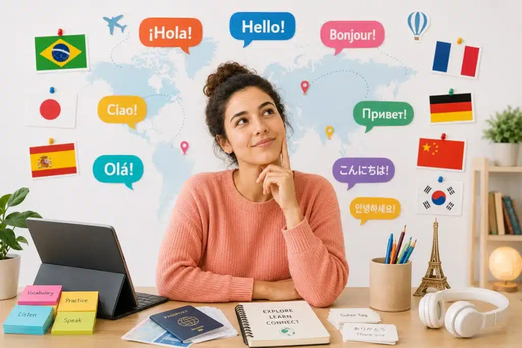 Pessoa refletindo sobre quais idiomas aprender em 2026 com símbolos de comunicação global