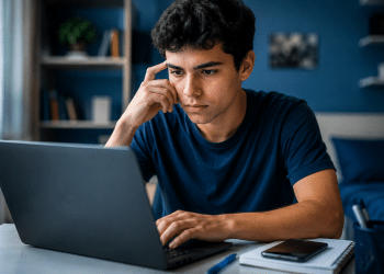 Jovem de cabelos cacheados escuros e camiseta azul marinho concentrado em laptop cinza, com mão apoiada na têmpora.