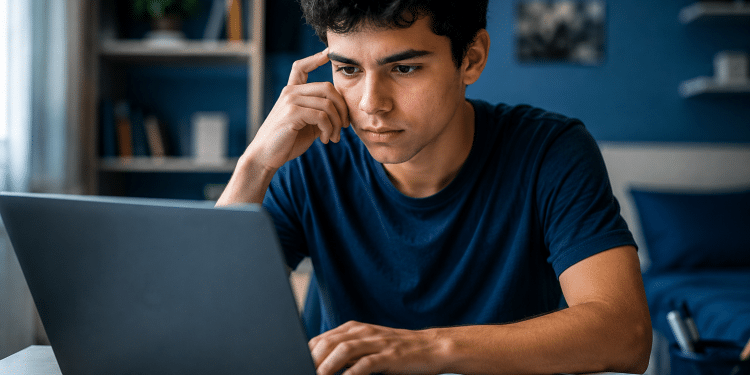 Jovem de cabelos cacheados escuros e camiseta azul marinho concentrado em laptop cinza, com mão apoiada na têmpora.