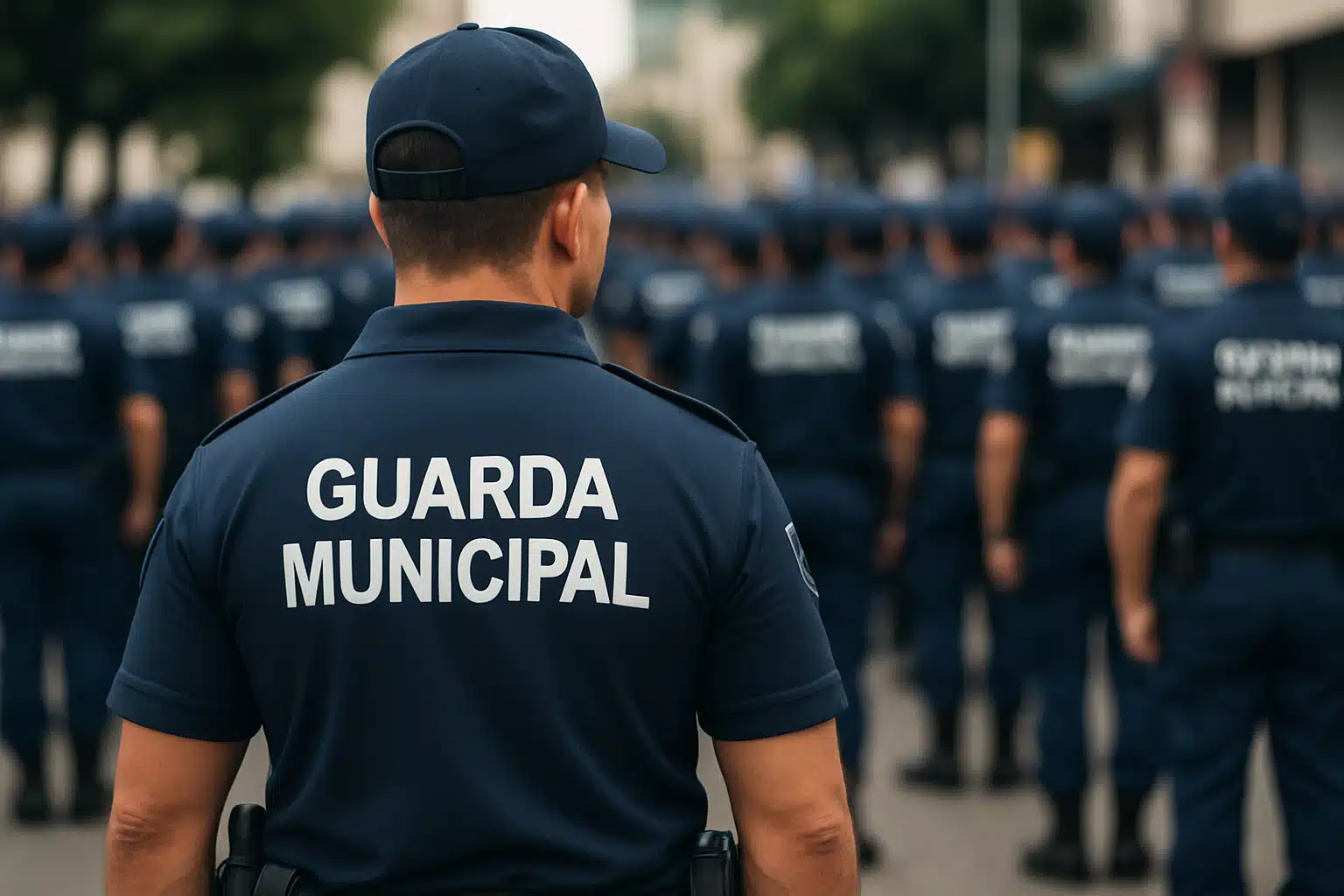 Agentes da Guarda Municipal em formação, uniforme polo azul-marinho com texto nas costas, usando boné.