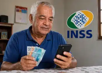 Aposentado brasileiro mexendo no celular e segurando notas de real, representando a consulta do 13º salário antecipado do INSS.