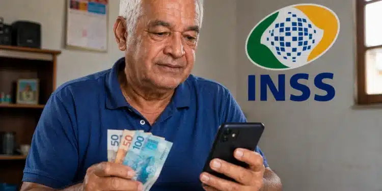 Aposentado brasileiro mexendo no celular e segurando notas de real, representando a consulta do 13º salário antecipado do INSS.
