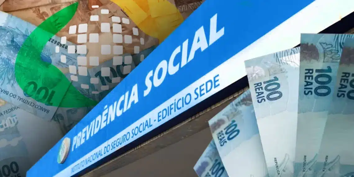 Fachada da Previdência Social com cédulas de real, representando os dois grupos de pagamentos do INSS em maio.