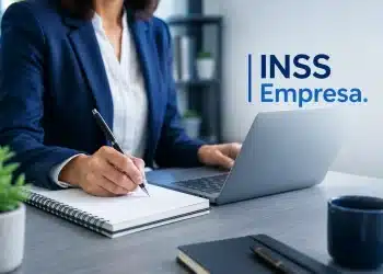 Profissional usando notebook e fazendo anotações sobre a nova plataforma INSS Empresa para consulta de benefícios e afastamentos.