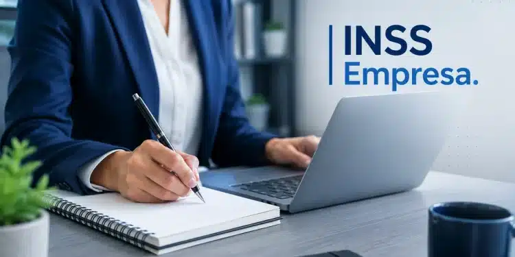 Profissional usando notebook e fazendo anotações sobre a nova plataforma INSS Empresa para consulta de benefícios e afastamentos.