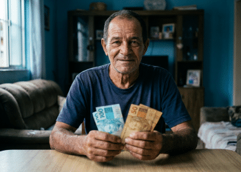 Homem idoso segura notas de real sentado à mesa e, ao redor, a sala de uma casa com sofás e estante